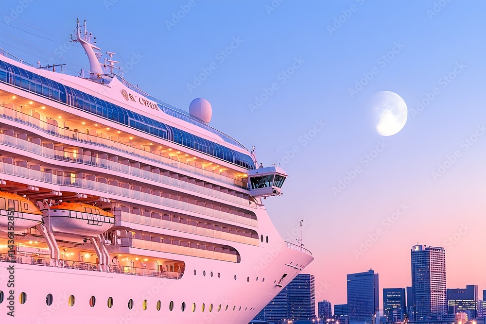 Fototapeta premium Majestic cruise ship at twilight, docked near a city skyline under a full moon