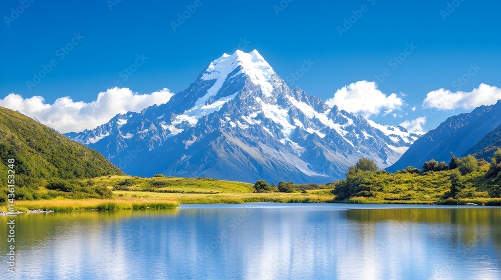 Majestic snow-capped peak reflected in a serene alpine lake, surrounded by lush greenery under a vibrant blue sky Majestic snow-capped peak reflected in a serene alpine lake, surrounded by lush greenery under a vibrant blue sky