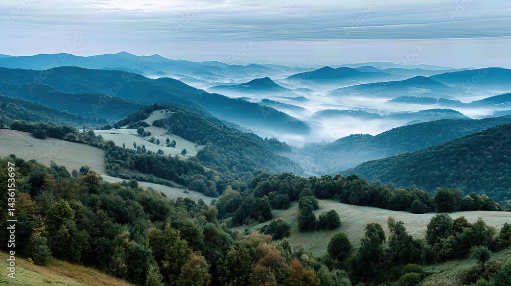 Fototapeta premium Layers of hills fade into the distance under a blanket of morning fog, creating a dreamy mountain view.