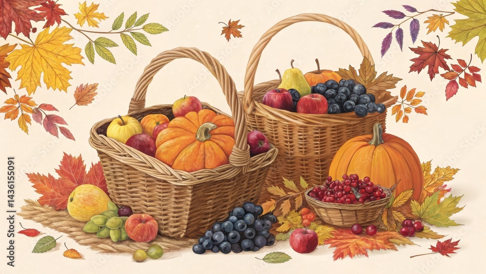 Autumn Harvest Two Wicker Baskets of Fruit and Pumpkins, Watercolor Illustration, Fall Leaves, Thanksgiving, Harvest Festival Thanksgiving, Autumn Autumn Harvest Two Wicker Baskets of Fruit and Pumpkins, Watercolor Illustration, Fall Leaves, Thanksgiving, Harvest Festival Thanksgiving, Autumn
