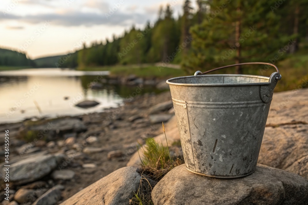 Metal Bucket Resting on Rock by Peaceful Lakeside at Sunset Generative AI Metal Bucket Resting on Rock by Peaceful Lakeside at Sunset Generative AI