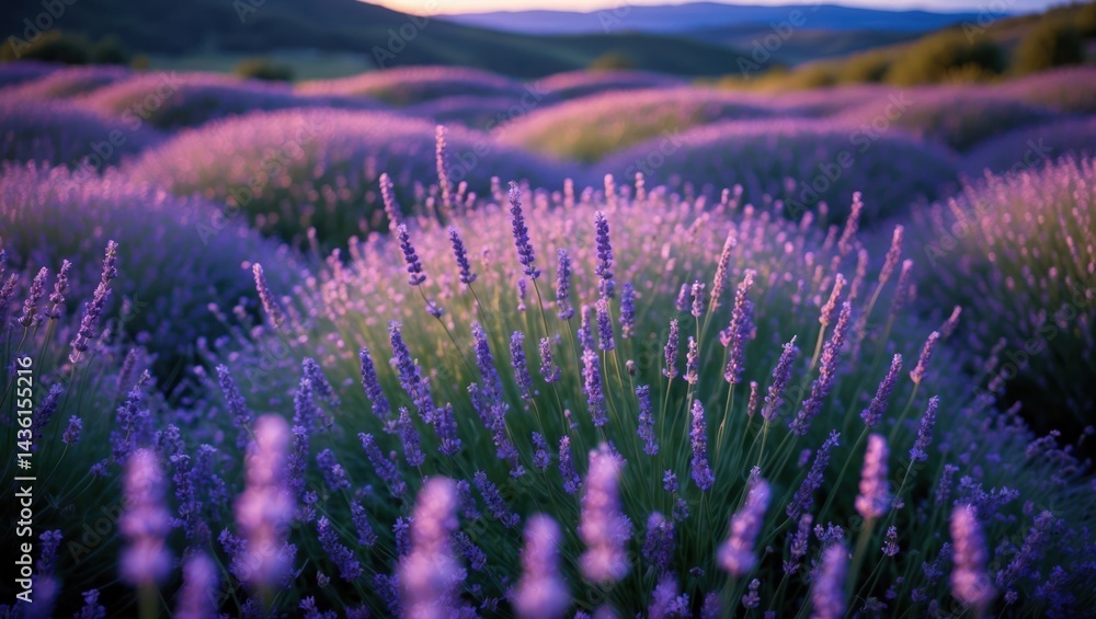 Naklejka premium Lavender Field Blooming at Dusk with Rolling Hills in the Background
