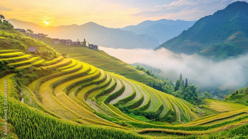 Naklejka premium Sunrise over terraced rice paddies. Lush green and golden rice paddies cascade down a mountainside, bathed in golden sunlight. Mist hangs in the valleys, with a village nestled in the foothills