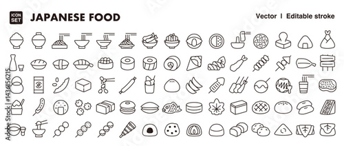 Big set of japanese food icon.Vector editable stroke line icon.