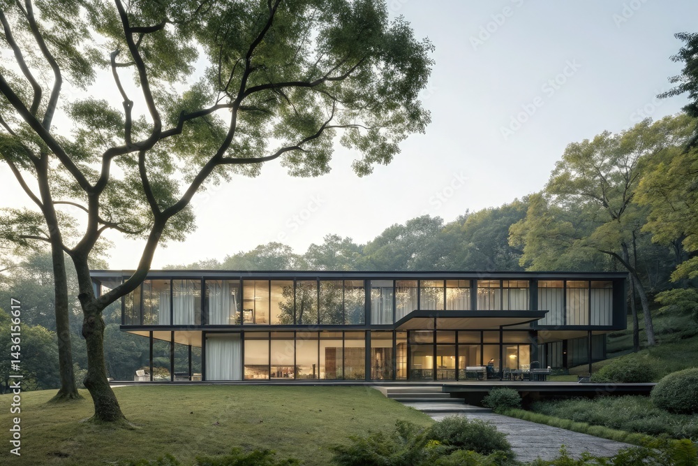 Modern Glass Building Surrounded by Trees at Dusk Generative AI Modern Glass Building Surrounded by Trees at Dusk Generative AI