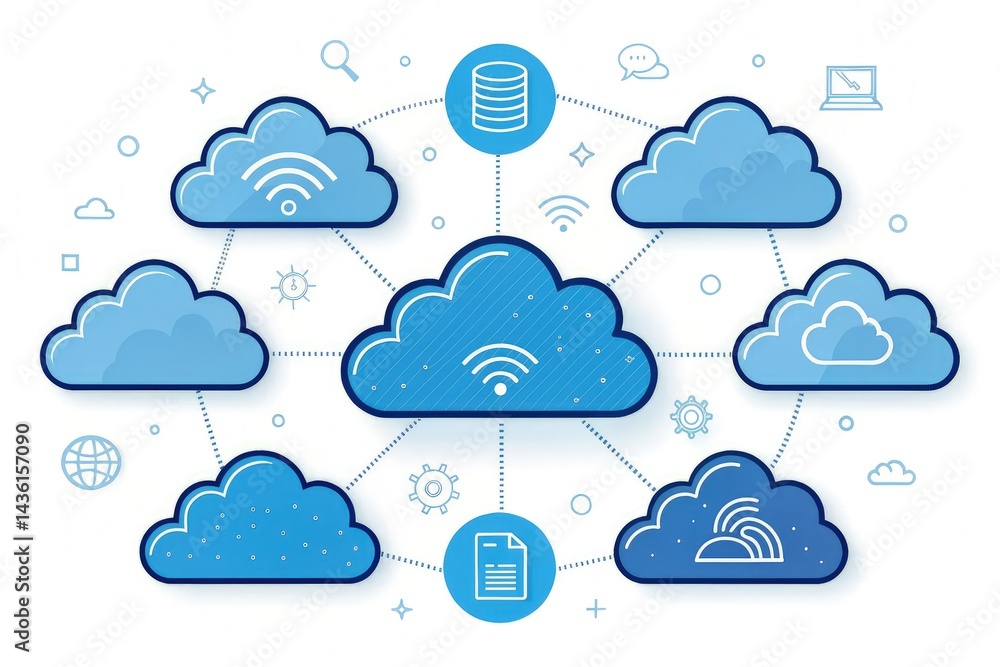 Obraz premium Digital Cloud Connectivity With Blue Icons and Patterns in AI