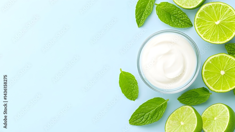 Creamy white substance in a glass bowl, surrounded by lime slices and mint leaves on a light blue background