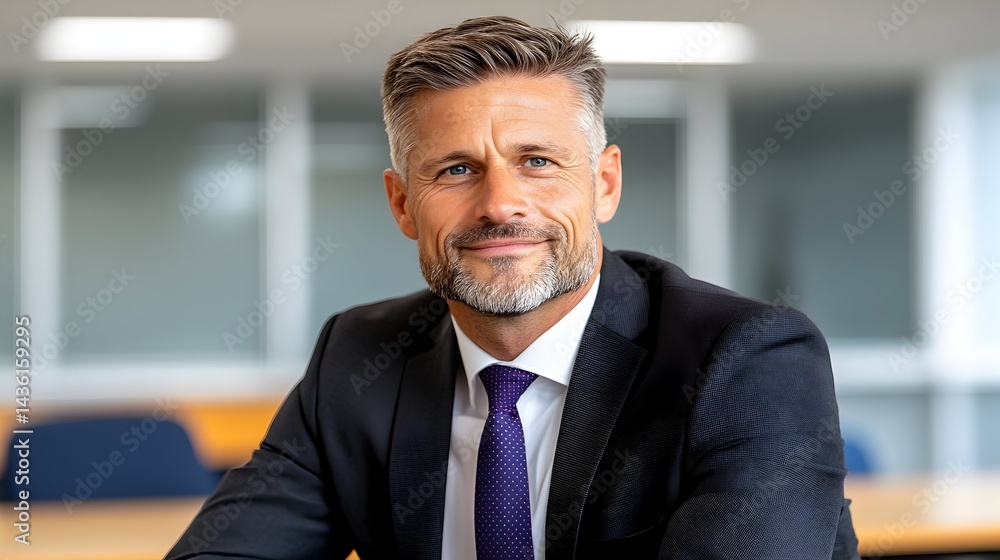 Naklejka premium A confident middle-aged man with graying hair, wearing a dark suit and purple tie, smiles warmly at the camera in a professional setting