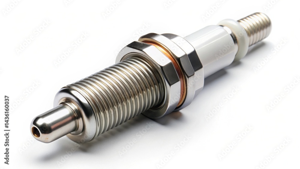 Close-up view of a metallic automotive spark plug component isolated on a bright white background Close-up view of a metallic automotive spark plug component isolated on a bright white background