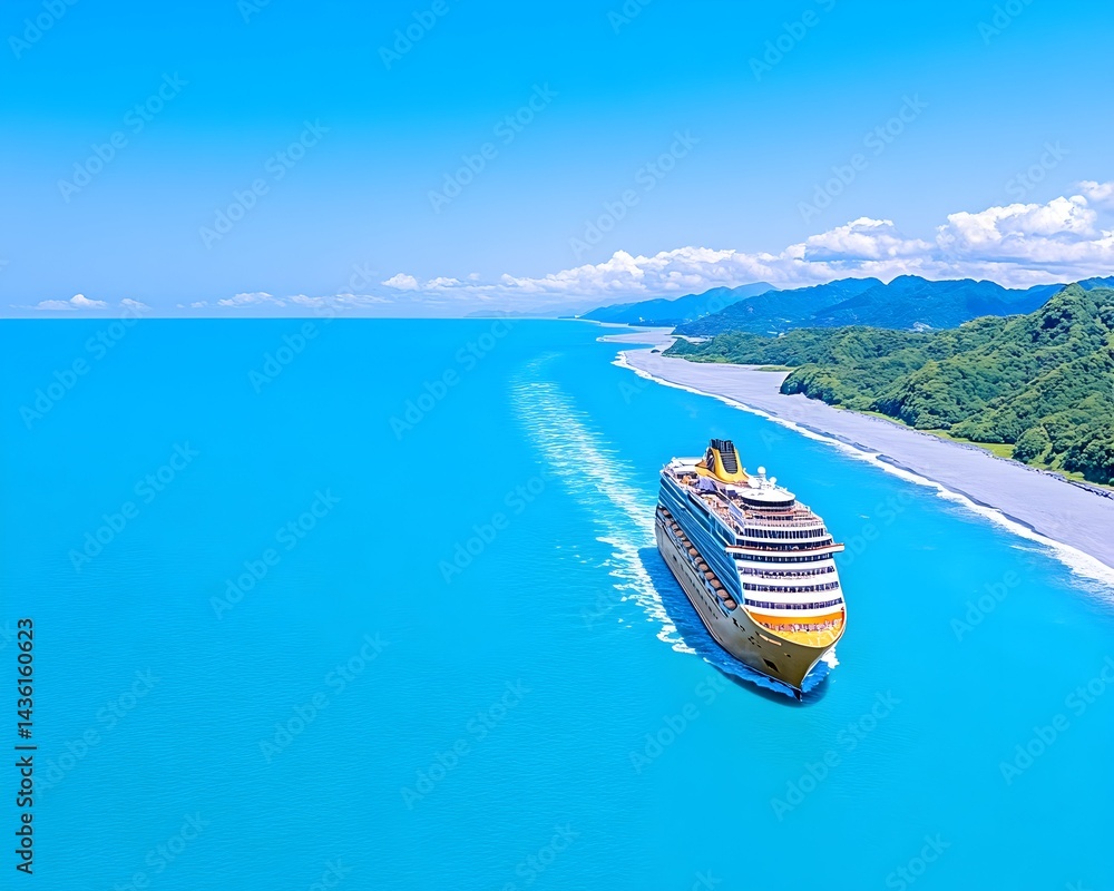 Fototapeta premium A large cruise ship sails along a vibrant blue ocean, near a lush green coastline under a clear sky