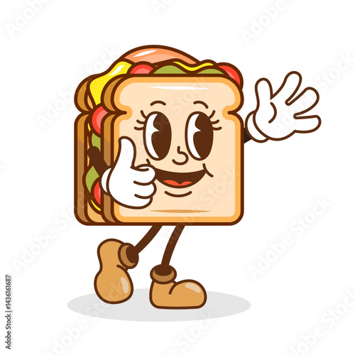 Groovy sandwich cartoon character walking and greeting. Funny retro sandwich with ham and vegetables between slices of bread vector illustration