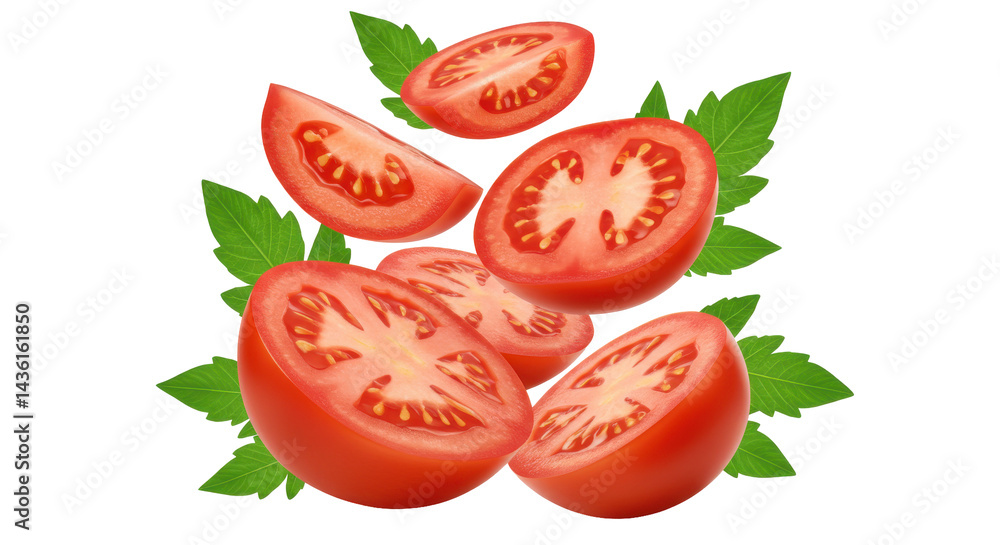 Fototapeta premium Floating tomato halves amidst verdant leaves on a stark black backdrop