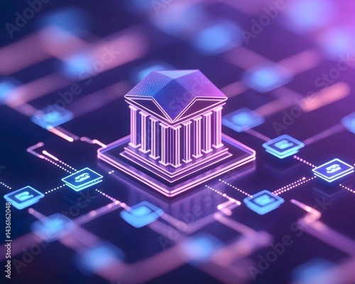 A stylized bank building digitally rendered, interconnected within a network of glowing nodes and lines, suggesting digital finance and banking infrastructure