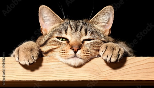 A tabby cat playfully rests its paws on a light wood surface, one eye closed in a wink, against a black background