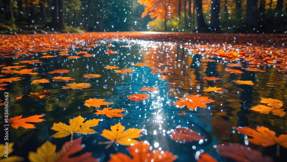 Obraz premium Autumn Leaves Floating in Puddle Reflecting Sunlight on a Rainy Day