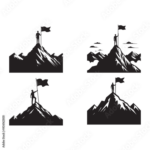 Set of man holding a flag on top of mountain silhouette vector. Achievement, success concept illustration.