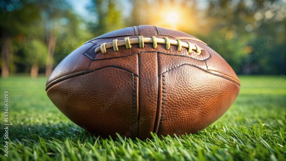 Obraz premium A vintage brown leather football rests on a lush green field, bathed in the warm glow of the setting sun, ready for the upcoming game.