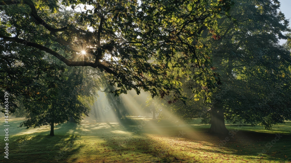 Fototapeta premium Sunlight streaming through large tree branches, casting beams on grass with fallen leaves. Serene natural scene.