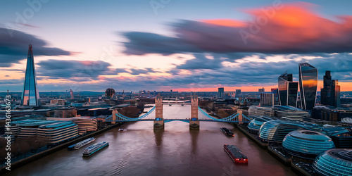 London skyline at sunset, city buildings, Tower Bridge.