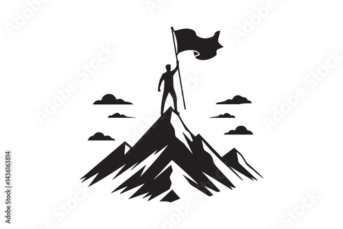 Man holding a flag on top of a mountain silhouette vector. Achievement, success concept icon illustration.