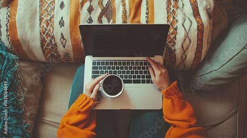 A remote worker seated on their living room couch, typing on a laptop while sipping coffee.
