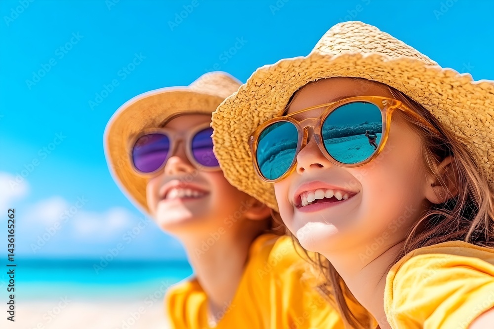 Two smiling girls in straw hats and sunglasses enjoy a sunny beach day