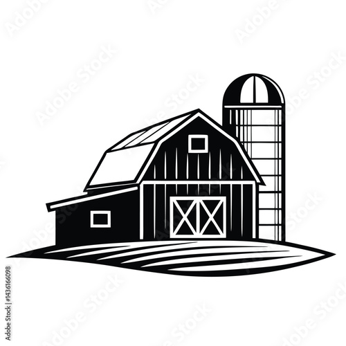 Traditional Farm Silhouette with Classic Barn and Silo