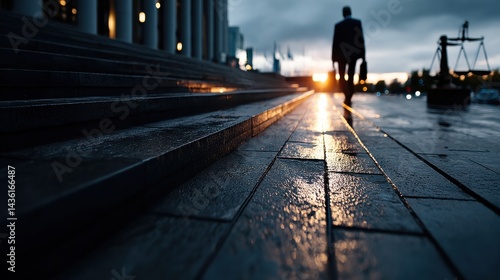 Wallpaper Mural Man Walking Toward Building with Scale Statue on Wet Stone Path Torontodigital.ca