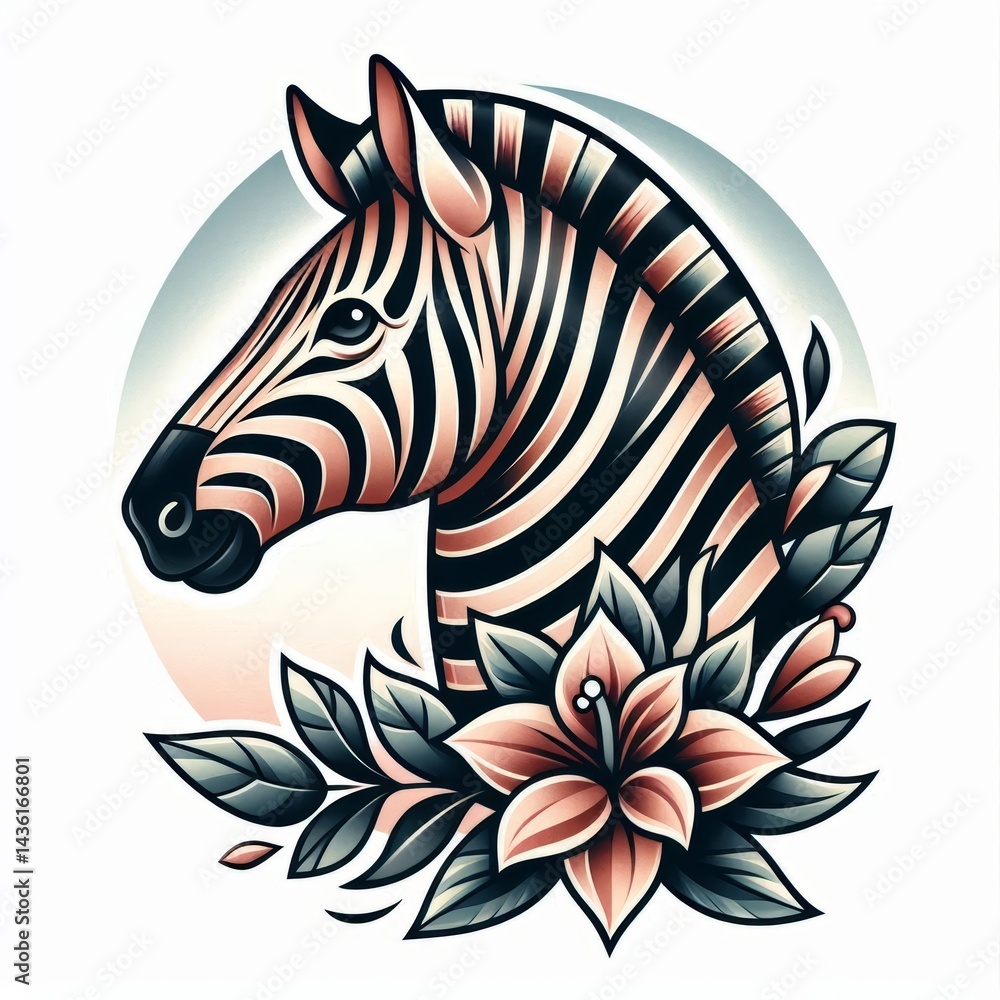 Cartoon zebra portrait with flowers and smooth gradients in tattoo style Cartoon zebra portrait with flowers and smooth gradients in tattoo style