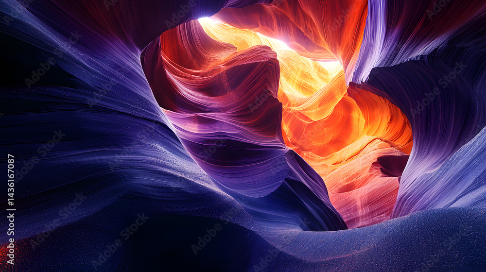 Obraz premium Majestic Canyon of Light: An awe-inspiring scene reveals a mesmerizing canyon, its sandstone walls elegantly sculpted by nature's artistry, embraced in a symphony of vibrant colors and ethereal light.