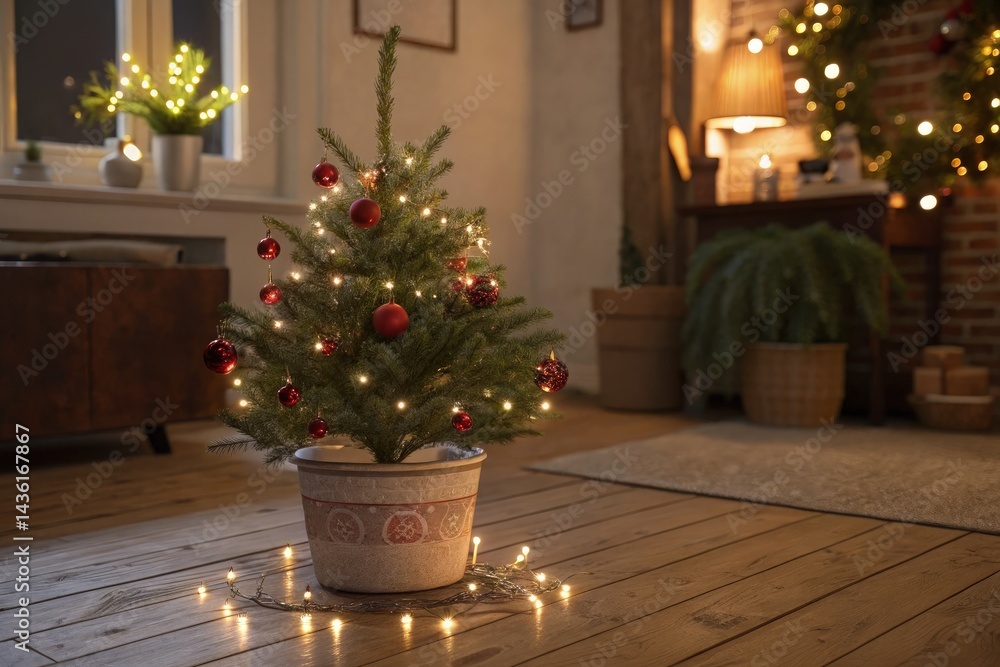 A Small Christmas Tree in a Decorative Pot Stands Brightly Lit in a Cozy Room A Small Christmas Tree in a Decorative Pot Stands Brightly Lit in a Cozy Room