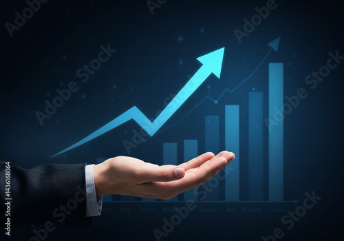Hand growth arrow symbol business up background of success graph financial profit stock diagram, business success growth chart, growing economy investment income target and goal increase achievement 