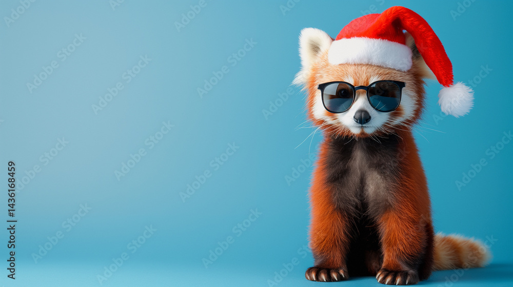 Cool santa claus baby red panda with sunglasses and claus hat, isolated on blue background Cool santa claus baby red panda with sunglasses and claus hat, isolated on blue background