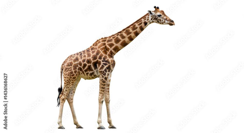 Naklejka premium Giraffe in profile with a dark background shows an elegant and towering pose