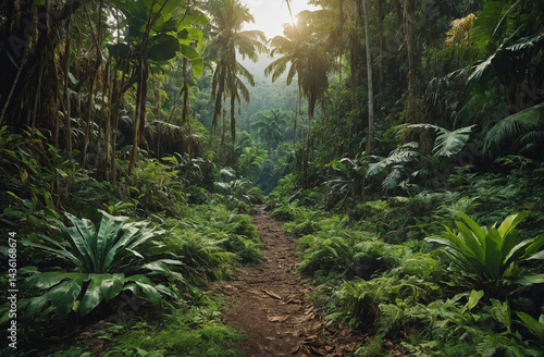 A before-and-after split image lush jungle vs. barren land, hyper-realistic transition effect