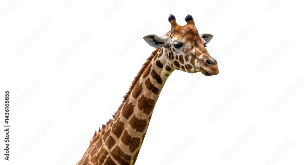 Giraffes gaze patterned neck against a black void Giraffes gaze patterned neck against a black void