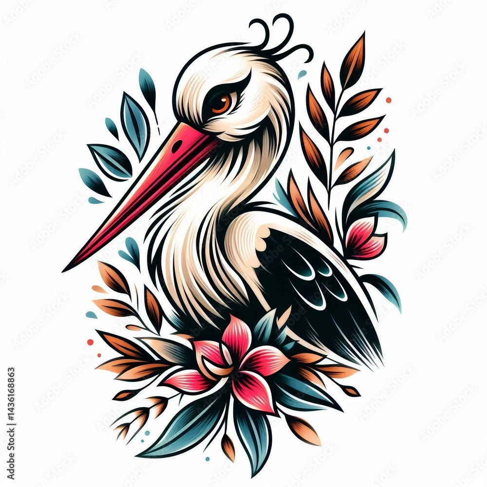 Obraz premium Elegant stork portrait adorned with floral elements in stylized tattoo art