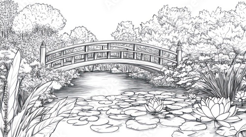 Wallpaper Mural Serene garden bridge pond lily pads; peaceful landscape design Torontodigital.ca