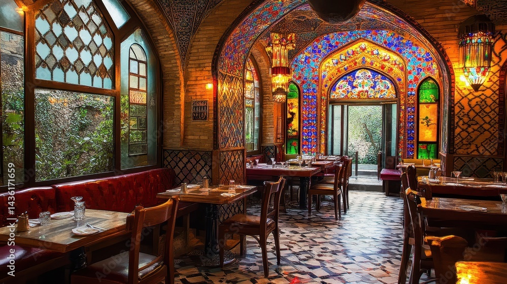 Obraz premium Elegant Restaurant Interior with Red Booths and Warm Lighting - Fine Dining Ambiance and Sophisticated Setting.