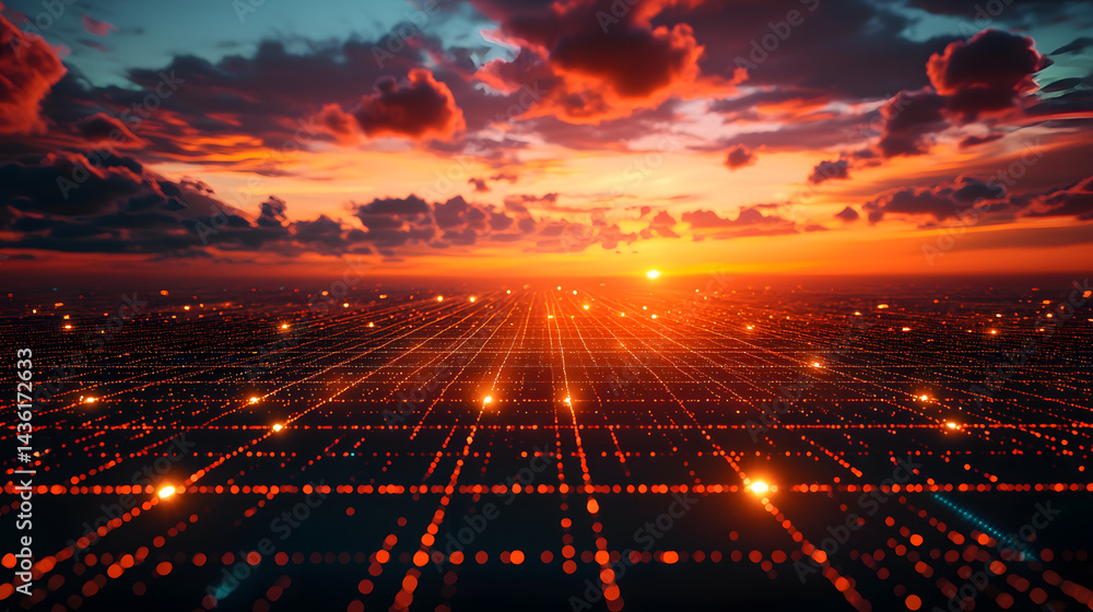 Obraz premium Augmented reality wallpaper landscape at sunset visualizing future tech artistic viewpoint over digital horizon