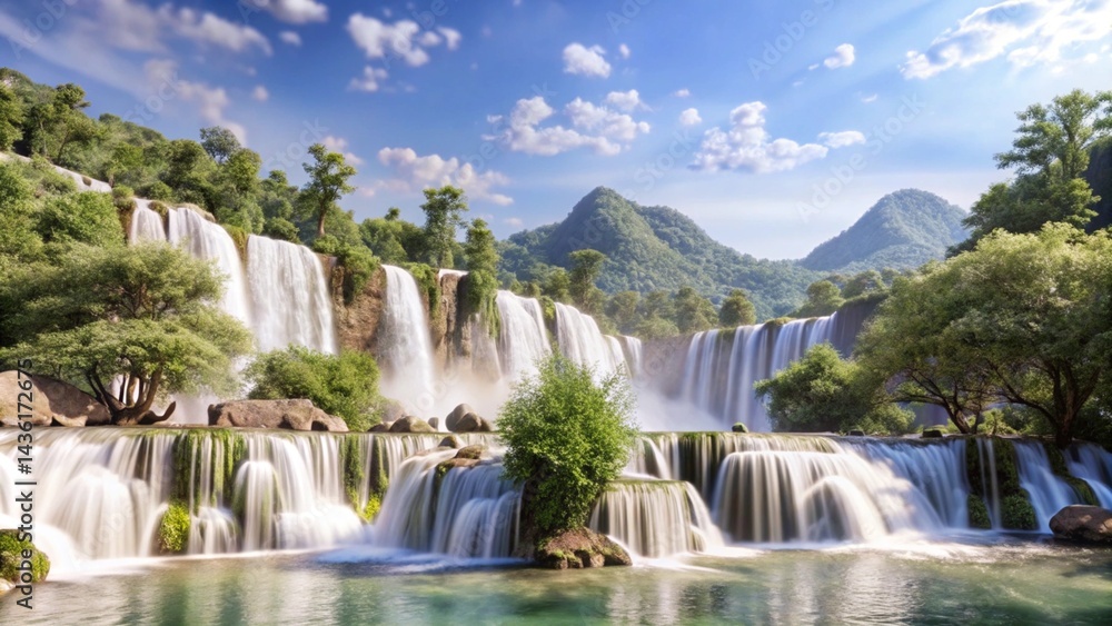 Fototapeta premium Majestic waterfall cascading through lush green landscape