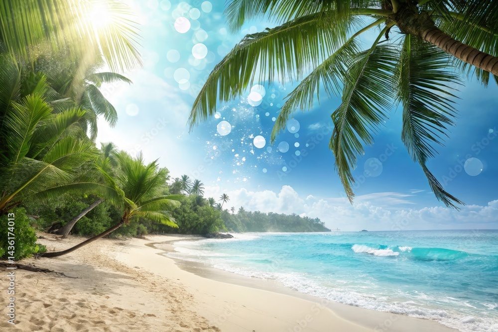 Fototapeta premium Tropical Beach With Palm Leaf Under Bright Sunlight Generative AI