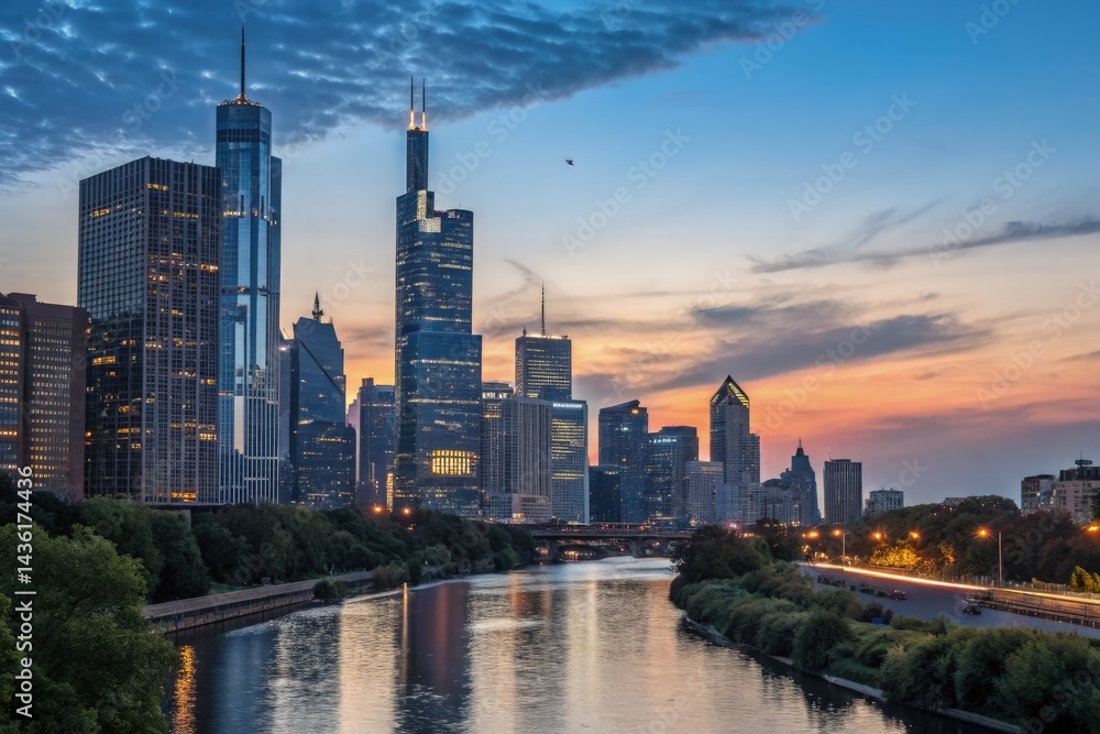 Obraz premium Urban Skyline at Sunset With River Reflecting City Lights Generative AI