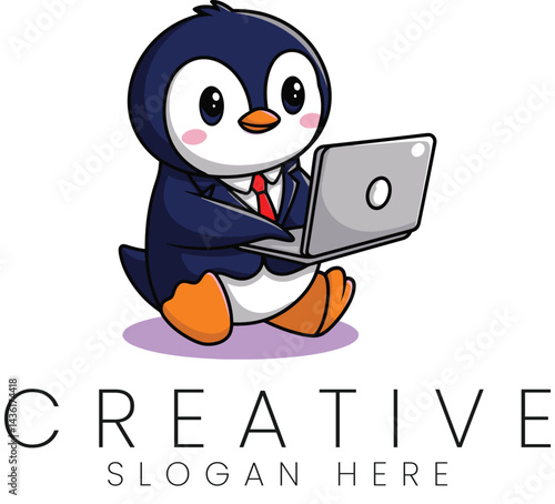 Cute Penguin Business Mascot Working Laptop Computer job icon logo bird cool team image funny happy 