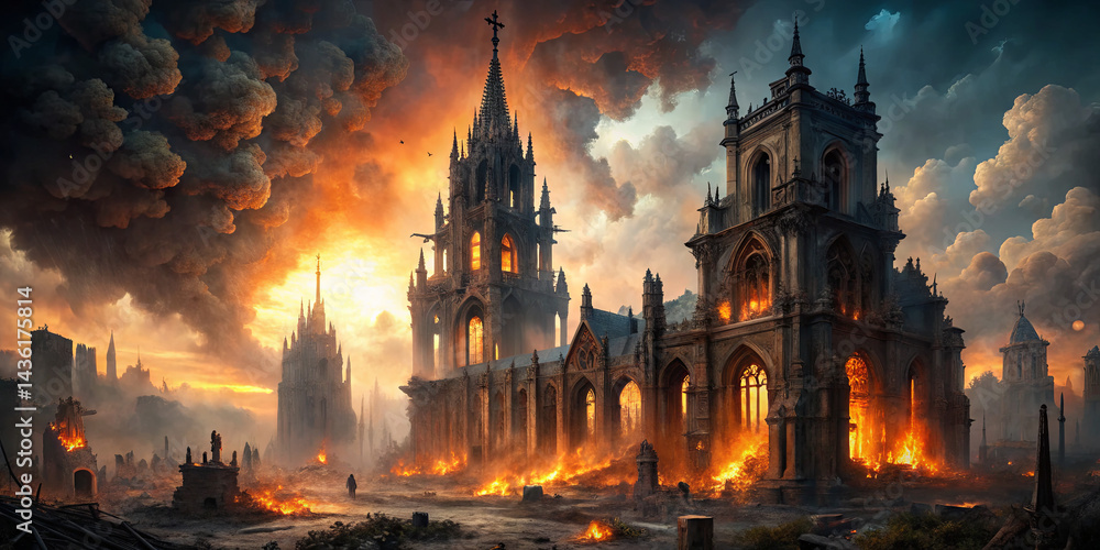 Naklejka premium A once-majestic cathedral stands in ruins, engulfed in flames against a dramatic sunset. Thick smoke billows from the burning structure while shadows of figures roam the devastated area