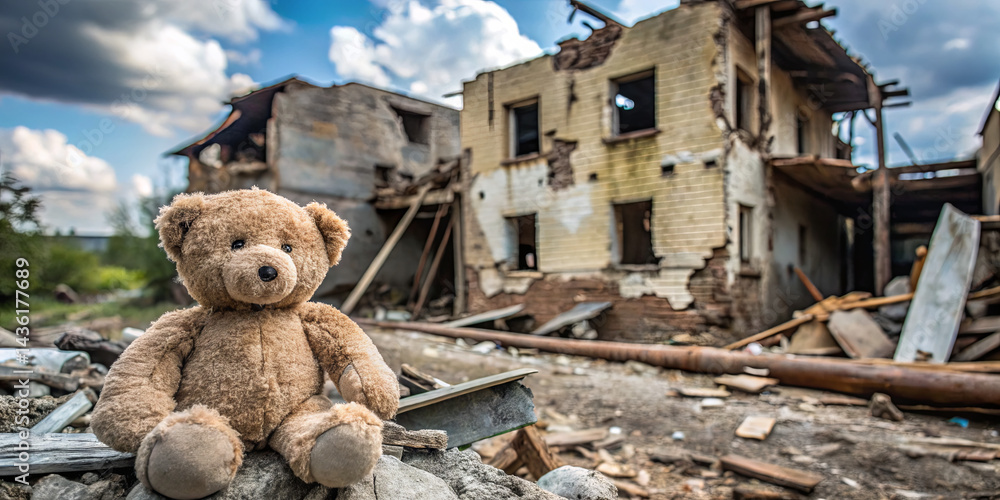 A teddy bear rests on broken debris, highlighting the aftermath of destruction in an abandoned location. Crumbling walls and scattered remnants create a somber atmosphere A teddy bear rests on broken debris, highlighting the aftermath of destruction in an abandoned location. Crumbling walls and scattered remnants create a somber atmosphere