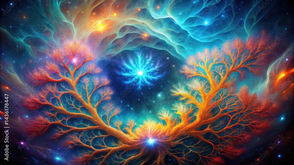 Cosmic Tree of Life A vibrant fractal artwork depicting two intertwined trees emanating from a radiant core within a nebula, symbolizing interconnectedness and cosmic energy. Cosmic Tree of Life A vibrant fractal artwork depicting two intertwined trees emanating from a radiant core within a nebula, symbolizing interconnectedness and cosmic energy.