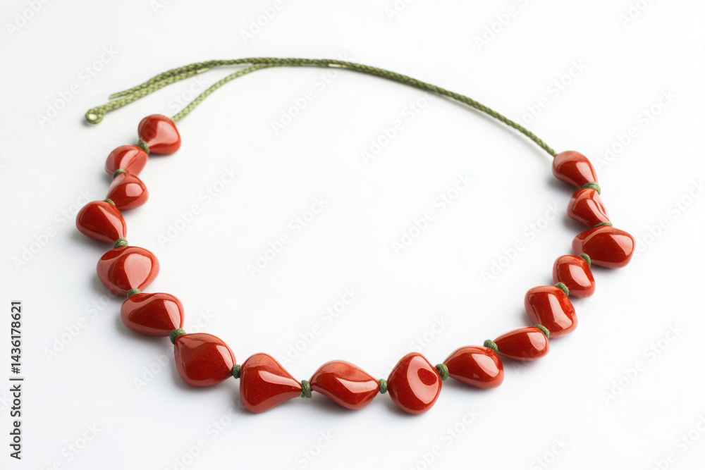 Obraz premium A delicate necklace featuring vibrant red beads on a green cord, showcasing an organic pattern and earthy, artisanal elegance.