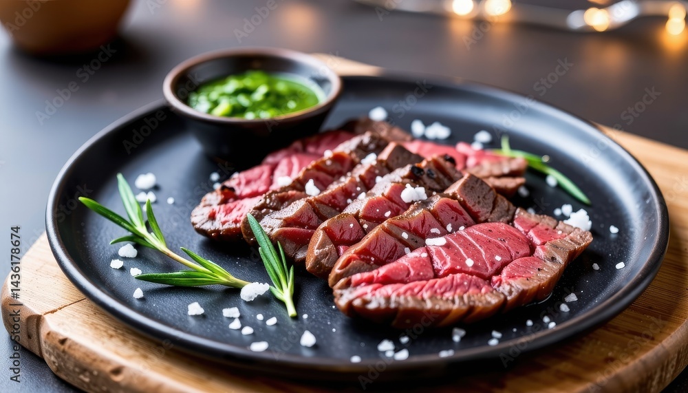 Gourmet food photography in magazine style, The image features a dark rustic plate with slices of perfectly seared wagyu steak, sprinkled with sea salt flakes and rosemary sprigs Gourmet food photography in magazine style, The image features a dark rustic plate with slices of perfectly seared wagyu steak, sprinkled with sea salt flakes and rosemary sprigs