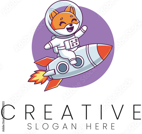 Cute Fox Astronaut Soaring on Rocket Fun Space Adventure Illustration kid art logo fire fast white  